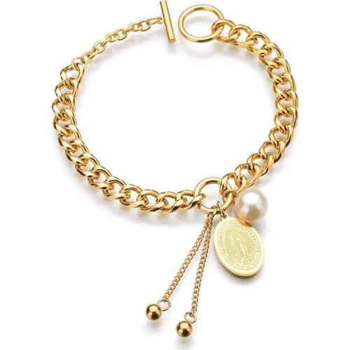 MxGxFam 20 cm Christian Virgin Mary Pearls Bracelets 2 line Jewelry For Women 316L titanium steel Gold Color No Fade