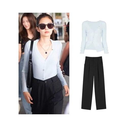 Kpop Korean Celebrity same women summer streetwear sexy blue thin knitting V-neck tops+black Wide leg pants female Two-piece set
