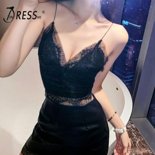 INDRESSME 2019 New Women Spaghetti Straps Skinny Sexy Sleeveless Lace Cropped Top Bodycon Fashion Party Club Top Hot