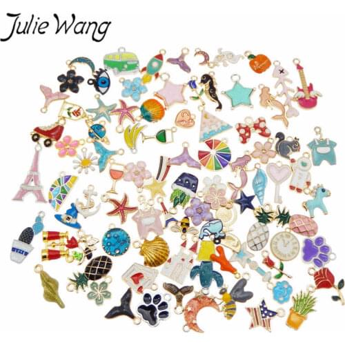 Julie Wang 10PCS Enamel Charms Random Mixed Flowers Animal Plant Insect Zinc Alloy Necklace Bracelet Jewelry Making Accessory