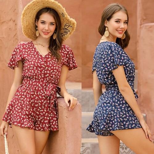 Bohemian Floral Print Playsuits Sexy Rompers Short Overalls Macacao Feminino Women Summer High Waist Sashes Ruffles Jumpsuits