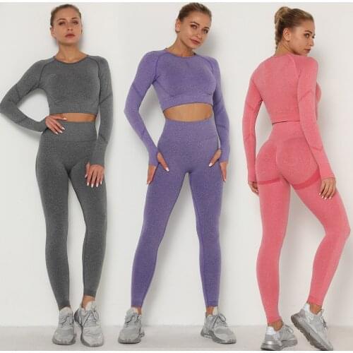 Long Sleeve Two Pieces Sets Seamless Yoga Set High Waist Scrunch Booty Leggings Workout Tracksuit Fitness Gym Sports Clothing