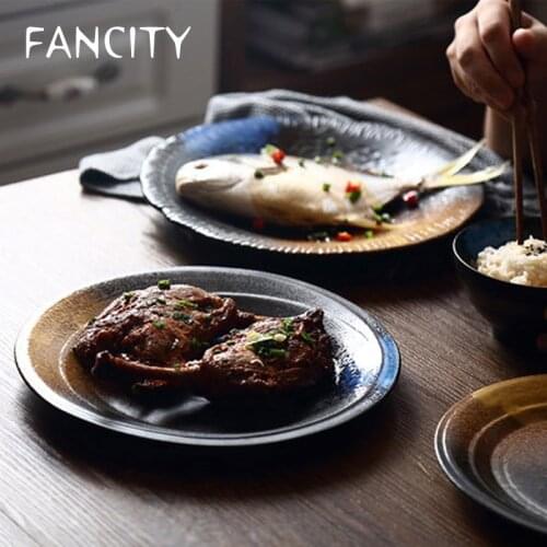 FANCITY Creative Japanese-style retro ceramic large and small discs, specialty restaurants, bone dishes, flat plates, pasta