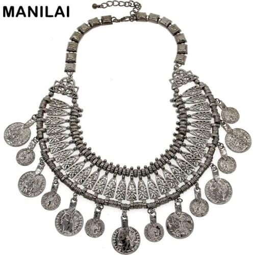 MANILAI Gypsy Beachy Chic Statement Necklace Boho Festival Fringe Bib Coin Tassels Vintage India / Tribal Necklaces & Pendants