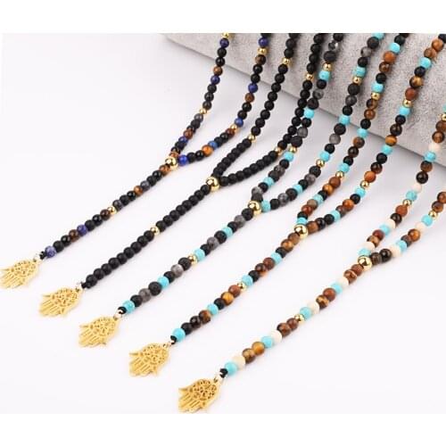 New Men Necklace Natural Stone Beads Tiger Eye Matte Onyx 316L Stainless Steel Hamsa Hand Pendant Necklace Jewelry Gift Men