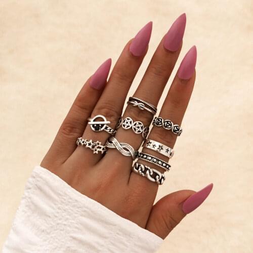 Vintage Geometric Star Rose Flower Rings Set Fashion Bohemian Finger Rings for Women Party Jewelry Accessories