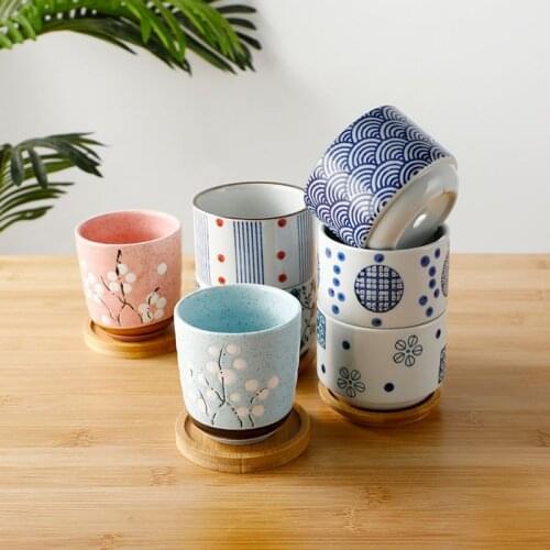 Desktop Plant Planter Pot Ceramic Succulent Plant Pot Round Shape Garden Flower Pot with Bamboo Tray Home Garden Decoration