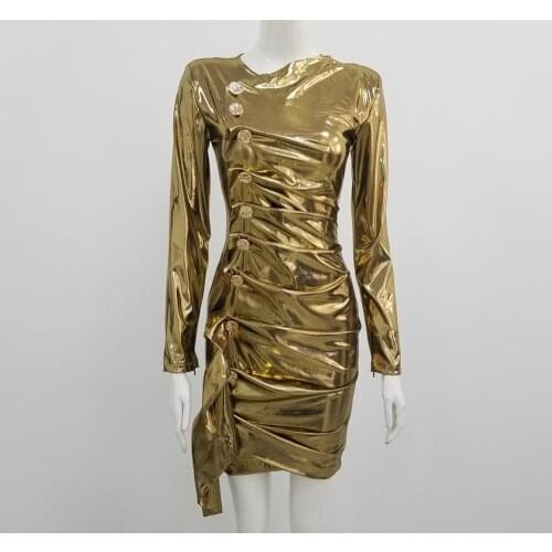 Moonccloset1 New Arrival Long Sleeve Gold Party Wear Bodycon Celebrity Bandage Dress Fshion Sexy Party Dress