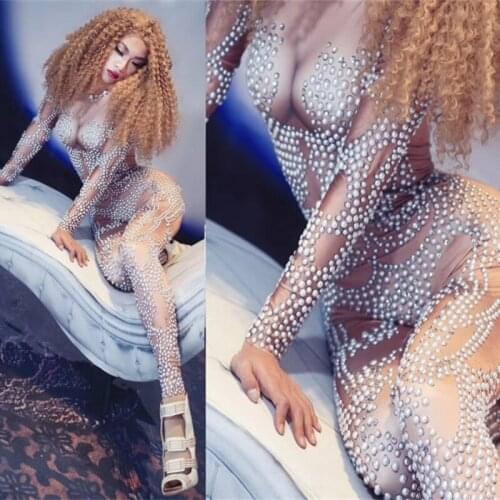 White Pearls Crystals Long Sleeve Stretch Jumpsuit Sexy Club DJ Singer Leotard Stage Wear Bar Party Show Costume Dance Outfits