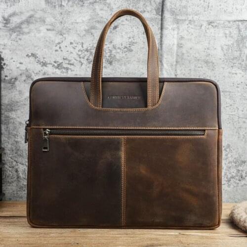15'' Laptop Bag Mens Briefcase Office for Document Shoulder Bag Retro Crossbody Handbag High Quality Real Leather Man Messenger