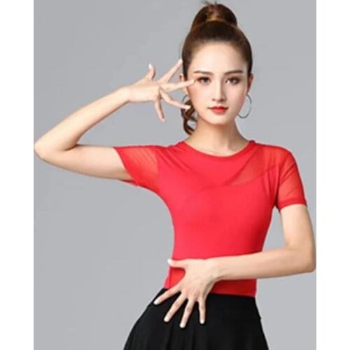Latin Top Women Fashion Sexy Mesh Tops Girl Dancewear Sexy Latin Ballroom Samba Tango Flamengo Dancing Practice T-shirt Costume