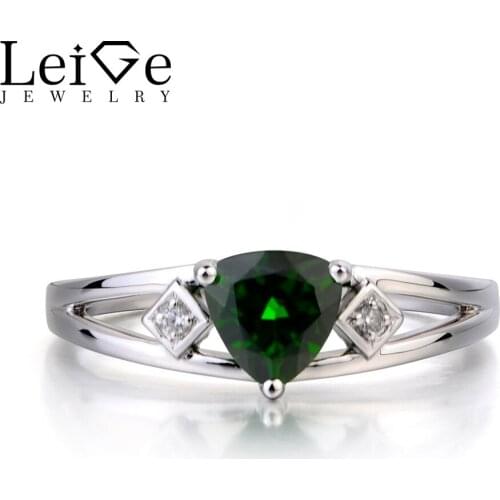 Leige Jewelry Real Natural Chrome Diopside Ring Anniversary Ring Green Gems Trillion Cut Gemstone Solid 925 Sterling Silver Ring