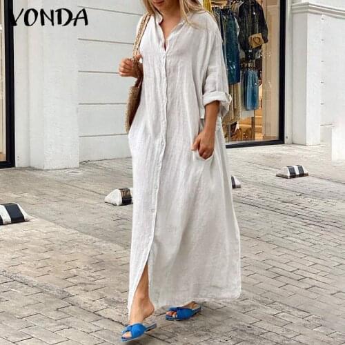 VONDA 2021 Women Shirt Dress Vintage Solid Loose Button Down Long Maxi Dresses Bohemian Vestidos S-5XL Plus Size Party Robe