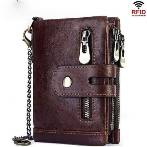 Explosive RFID anti-theft brush wallet vertical first layer oil wax cowhide multi-function double zipper mens leather wallet