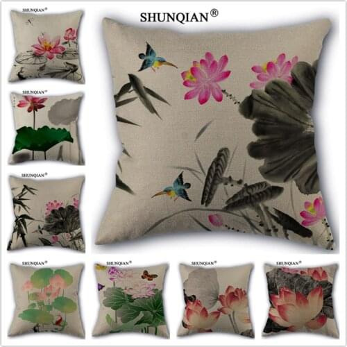 WJY418 Chinese classical style lotus flower pillowcase Custom One Side 45x45cm Pillow Cases Cotton Linen Pillow Case
