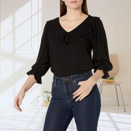 40# Ruffle V-neck Blouse Shirt Women Elegant Long Sleeve Lantern Sleeve Splicing Blouses Chemises Office Lady Blouse Рубашка
