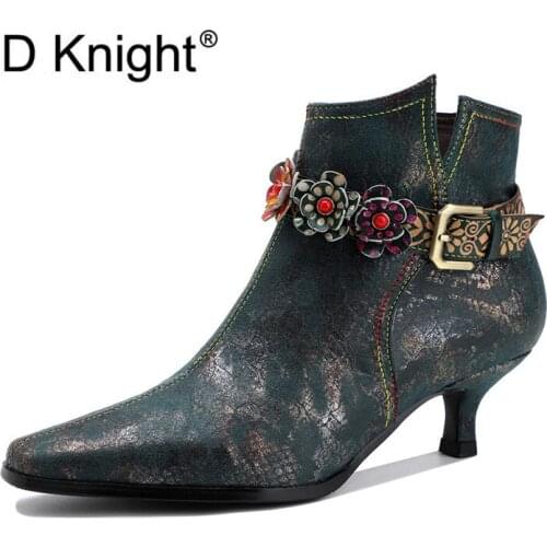 Retro British Style Ankle Boots For Woman Genuine Leather Bead Flower Belt Buckle Stiletto Low Small Thin Heel Women Short Boots