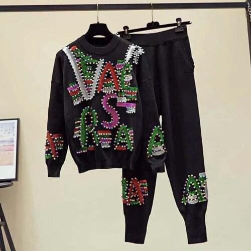 Black Knitted Tracksuit sets Women Beaded Letters Sequins O Neck Pullover Knitwear Pencil Pants Outfits 2021 Autumn Casual Sets