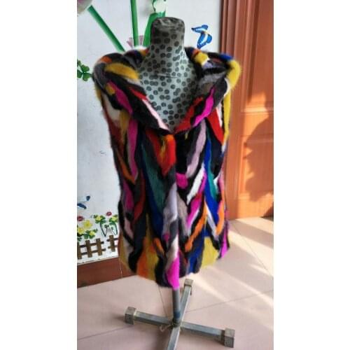 New genuine real natural multi-color mink fur vest with hood colorfull gilet jacket winter waistcoats custom big size