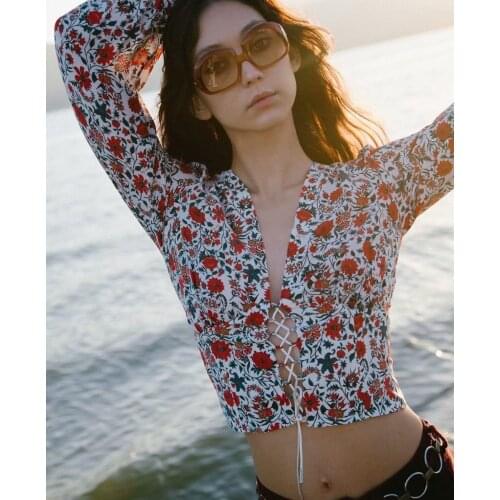 2021 Women V neck Floral Tee Shirt Femme Long Sleeve Elegant Sweet Slim Sexy Tees Femme Summer Autumn T Shirt Crop Top