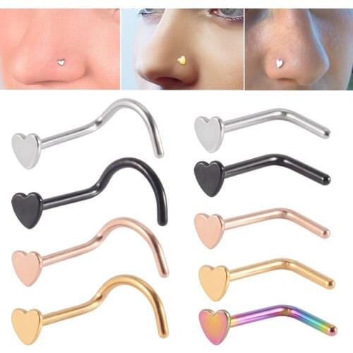 5PCS/Lot 316L Surgical Steel L Shape Nose Bone Ring Heart Top Screw Nose Piercing Retainer Holder Nazir Stud Body Jewelry 20g