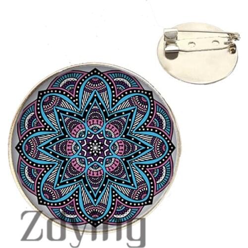Zdying Retro India Mandala Flowers Brooch Glass Cabochon Chakra Zen Yoga Flower Badge Brooches Pin Bag Clothes accessories HM081