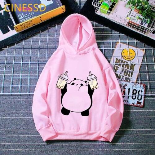 Cute Panda Love Boba Animal Print Childrens Clothes Winter Clothes Plus Velvet Pink Sweatshirt Girls Hoodie Kids Top 3-13 Years
