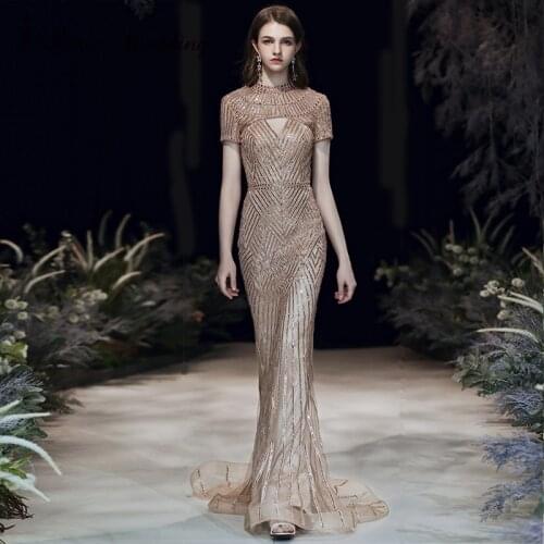 New Fashion 2020 Gold Beaded Short Sleeves Evening Gown Trumpet Jewel Collar Formal Long Evening Dresses