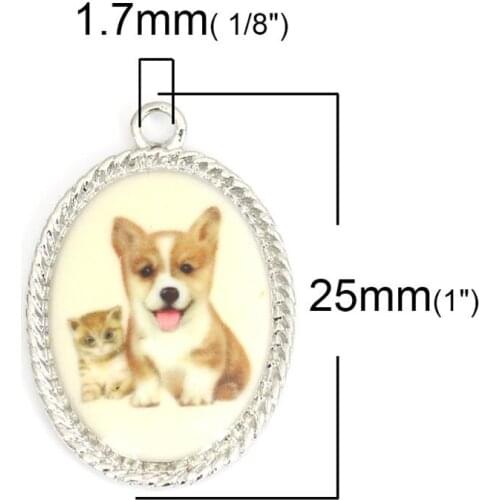 DoreenBeads Fashion Zinc Based Alloy Charms Oval Silver Color Dog Enamel Trendy Jewelry DIY Charms 25mm x 17mm, 10 PCs