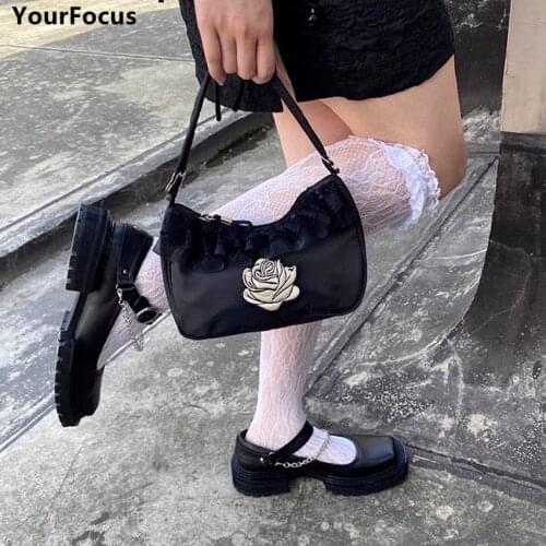 Gothic Rock Punk Bags Kawaii Lolita Lace Rose Embroidery Baguette Bag Handbag Black Harajuku Mini Underarm Bag Axillary Pouch