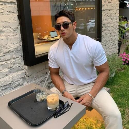 ICCLEK 2021 Hot Shirt Mens Shirt Sports Short Sleeve V Col Colored Fitness Shirt Cotton Large Size Fashion Mens Clothing