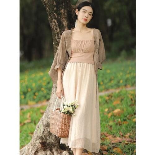 Literary Retro Skirt Suit Flared Sleeve Coat + Square Neck Sexy suspender top + Korean Casual Wide leg pants Three Piece Set