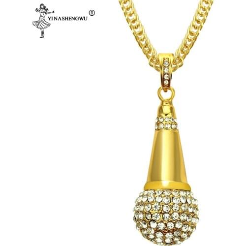 Cool Music Stereoscopic Microphone Bling Pendant Necklace Mens Jewelry Iced Out Cubic Zirconia Gold Color Hip Hop Men Jewelry