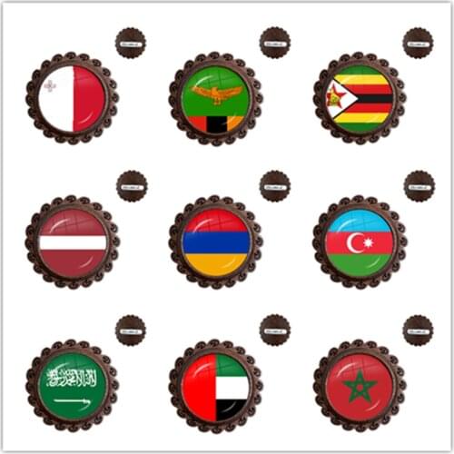 Malta Zambia Zimbabwe Latvia Armenia Azerbaijan Saudi Arabia UAE Morocco National Flag Wood Glass Cabochon Brooches Collar Pins