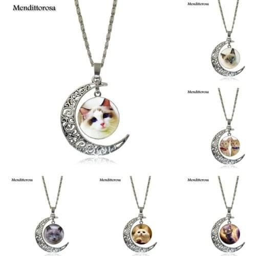 Mendittorosa Lovely Cat Brand Silver Color Jewelry Fashion Moon Statement Necklace Glass Necklaces & Pendants For Women