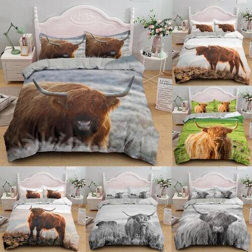 Fashion Green Gray Bedcloth Bed Set 3D Highland Cow Pattern Printed Boy Girl Bedding Set Queen King Size 2/3PCS Suit pillowcase