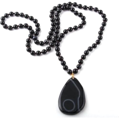 Fashion Bohemian Jewelry Beautiful Stripe Natural Stone long Knotted Drop Pendant Necklace Dropship