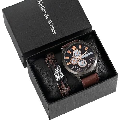 Men Watches Gift Set Exquisite Dial Brown Strap Quartz Watch Wolf Design Braided Bracelets Top Fashion for Boyfriend Husband Dad