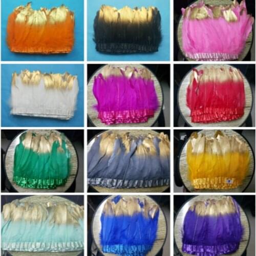 Wholesale 10yard/lot multicolor natural goose feather fringe paint gold tips Goose Feather Trims with Satin Ribbon Tape for skir