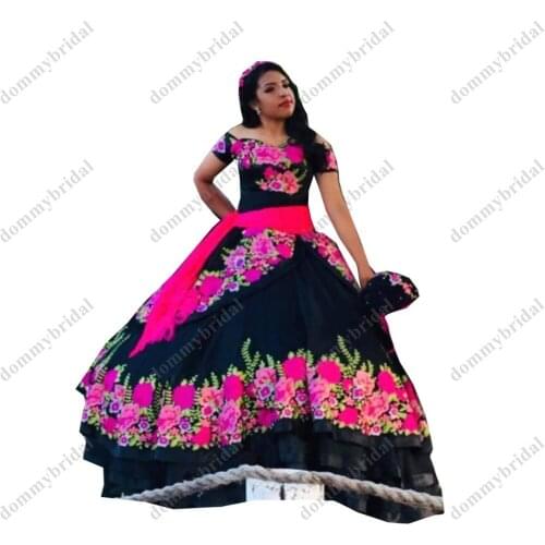 Amazing Hot Pink 3D Floral Flowers Ribbon Black Quinceanera Prom Dresses 2021 Mexican Charro Off Shoulders Satin Party Formal