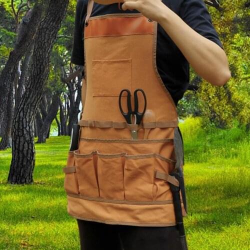 Durable Unisex Canvas Work Apron Barber Baking Cafe Garden Work Wear Apron With Tool Pockets Cross-Back Straps Adjustable