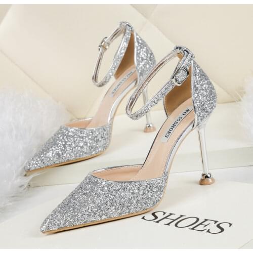 9.5CM/6.5cm red pumps sexy pointed sequins high-heeled shoes with nightclub sandals fine with temperament womens shoes