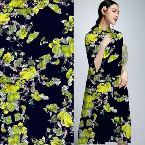 Hot natural silk special Yellow Flowers print fabric Stretch Satin Silk Fabric 19mm 97% Mulberry Silk Cheongsam dress material