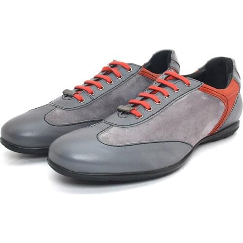 SHENBINS Gray/Red Athletic Shoes with Calf/Nubuk Leather, Shenbins Handmade Sport Shoes