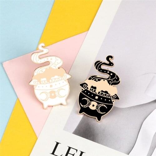 Magic Stove Enamel Pin Punk Black White Magical School Wizard Jewelry Brooches Bag Shirt Lapel Pin Badge For Kids Friends Gifts