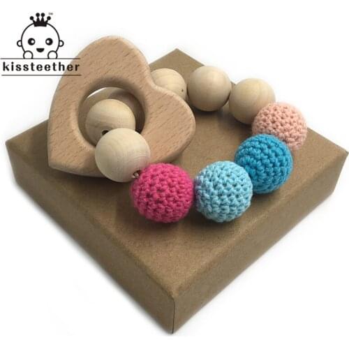 Crochet Bead Teething Ring Untreated Maple Baby Teether With Organic Wooden Animal Bracelet Baby Mom Kids Wooden Teether Bangle