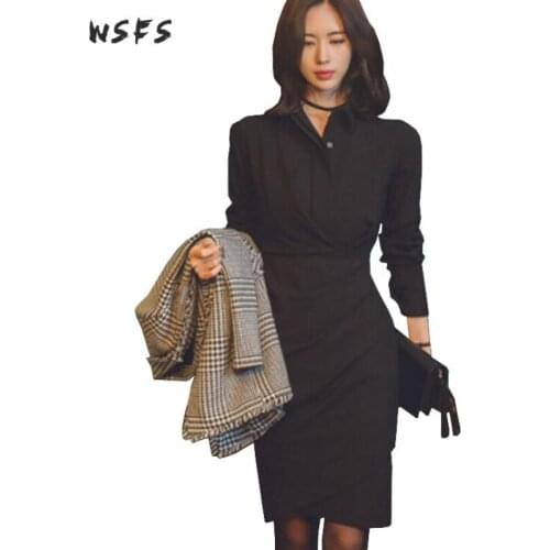Wsfs Autumn Dresses Black Shirt Long Sleeve Turndown Office Bodycon Bandage Women Dress Formal Vintage Party Midi Pencil Dress