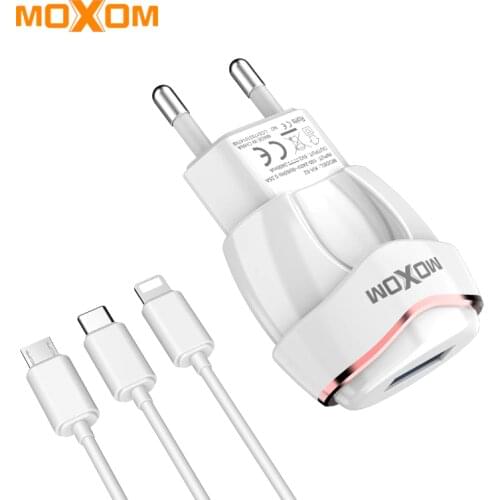 MOXOM Dual USB Charger Mobile Phone EU Charger Plug Travel Wall Charger Adapter For iPhone iPad Samsung Xiaomi With Free Cable