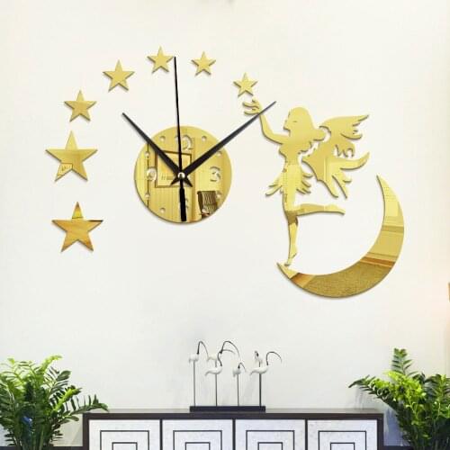Star Moon Angel Girl Mirror Wall Clock Study Bedroom Living Room Decoration Wall Clock Wall Decoration Bohemian Decor