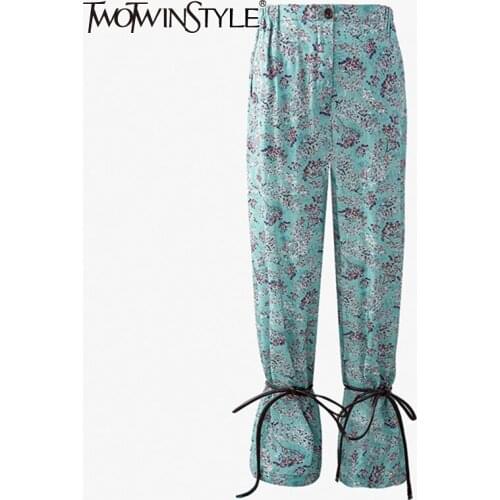 TWOTWINSTYLE Print Floral Trousers For Women Elastic High Waist Full Length Casual Loose Lace Up Wide Leg Pants Female 2021 Tide